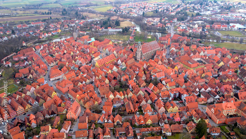 Aerial view of the old town around the city Dinkelsbühl. On a cloud autumn day. 