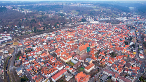 Aerial view of the old town city Schwäbisch Gmünd in south Germany . On a cloudy day in autumn. 