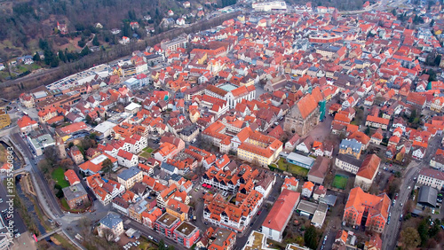 Aerial view of the old town city Schwäbisch Gmünd in south Germany . On a cloudy day in autumn. 