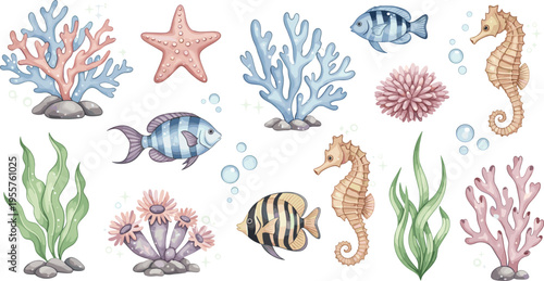 Underwater Marine Life Collection Vector Illustration Featuring Seahorse Coral Fish Seaweed and Ocean Elements in Soft Pastel Cartoon Style
