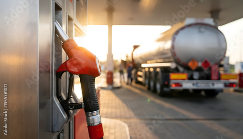 Gas pump and large truck at a fuel station