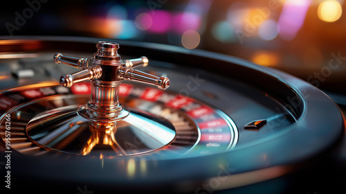 Close up of a roulette wheel spinning at high speed with the outer ring of red and black numbers becoming a colorful blur while the central brass hub remains sharp the chrome