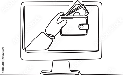 Online payment and financial transactions A hand holding a wallet with cash emerging from a computer screen, symbolizing digital commerce and e-business