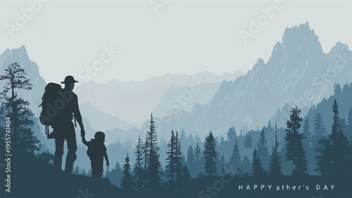 Father and son hiking together in mountains with trees and foggy background on a happy father's day