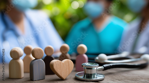 World health day global health awareness and medical care for all concept, faceless diverse community members with healthcare professionals, symbolic wellness icons, defocused