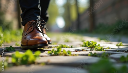 Man in brown polished leather shoes walks on cobblestone path with green plants growing between stones. Business pro takes a confident step forward on paved walkway outdoors.