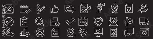 Checkmark and Approved web icon set in line style. Checklist, accepted, stamp, accept, agree, quality control, collection. Editable stroke. Vector illustration.