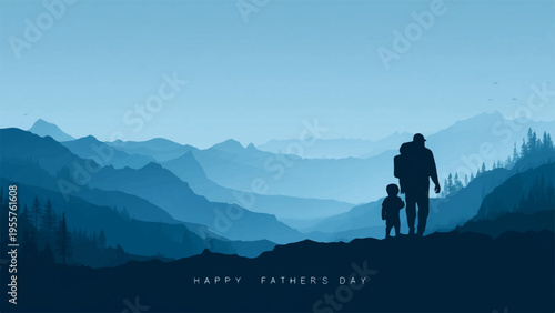 Silhouette of man and child hiking on mountain peak with breathtaking valley view at sunset