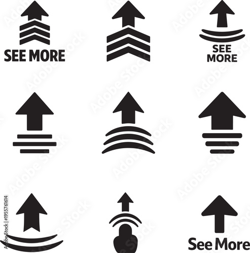 Swipe up icon set with arrow buttons. Stories see more symbols for apps, UI, and social media.