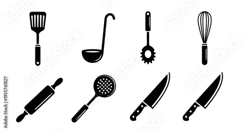 Collection of black kitchen utensil icons on a white background