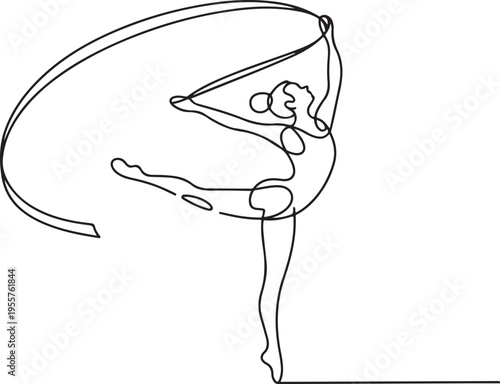 Graceful continuous line art of a female rhythmic gymnast with a flowing ribbon, embodying elegance, agility, and dynamic athletic movement
