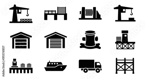 Collection of industrial and maritime icons representing logistics and transportation elements