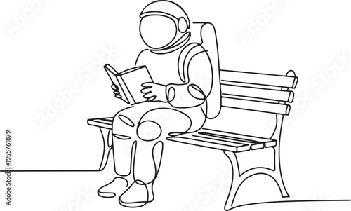 Astronaut sitting on a park bench reading a book, representing leisure and space exploration in a minimalist line art style