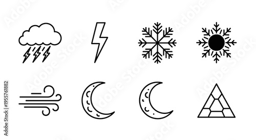Collection of weather and celestial body icons in a clean, minimalist line art style