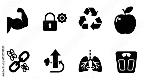 Collection of eight diverse black icons representing health, security, and environmental concepts