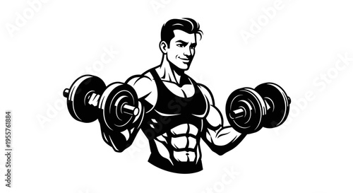 Muscular man with defined abs lifting dumbbells in a black and white illustration