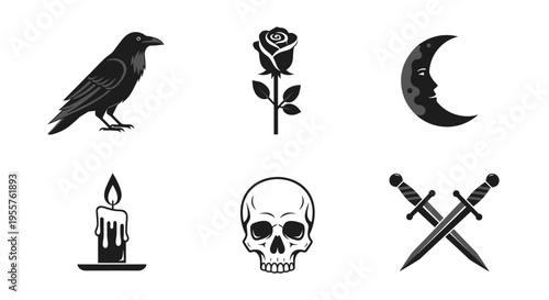 Gothic symbols collection: raven, rose, moon, candle, skull, and swords