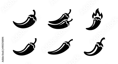 Collection of six black chili pepper icons with varying heat levels and arrangements