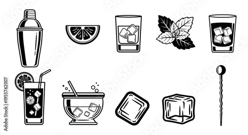 Collection of stylized cocktail ingredients and bar tools in black and white outline