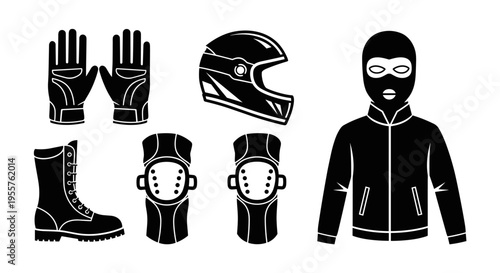 Collection of protective gear and disguise elements for extreme sports or illicit activities