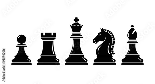 Collection of classic black chess pieces including pawn, rook, king, knight, and bishop