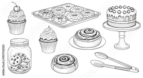 Collection of delicious baked goods and desserts in a charming hand-drawn sketch style
