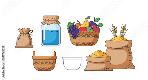 Collection of farm produce and containers including sacks of grain, fruit basket, and jar