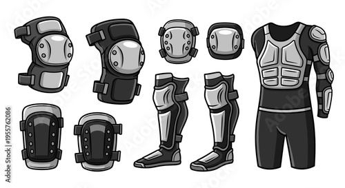 Collection of protective gear for extreme sports and activities, illustrated in grayscale
