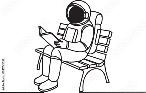 Astronaut finds unexpected peace, deeply engrossed in a book on a simple park bench, a blend of cosmic and mundane