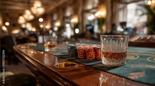 Close up of a polished mahogany gambling table surface with green baize felt showing subtle wear patterns from years of card dealing a neat row of multicolored casino chips