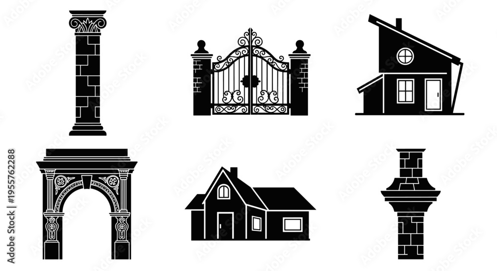 Obraz premium Collection of architectural elements and houses in silhouette, vector illustration
