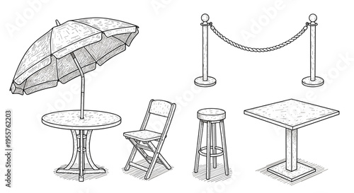 Collection of outdoor furniture and stanchions in a hand-drawn sketch style