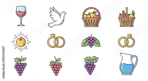 Collection of wedding and harvest icons including grapes, rings, dove, and wine