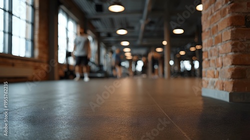 Low angle view of a spacious industrial loft gym interior with blurred figures engaged in workouts amidst brick walls and warm lighting