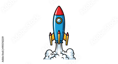 Cartoon rocket ship blasting off with smoke and flames, symbolizing startup and innovation