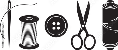 Sewing and tailoring icon set featuring needle with thread, spool, button, scissors and fabric roll, garment manufacturing symbols isolated on white background vector