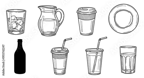 Collection of various drinkware and containers in a hand-drawn sketch style