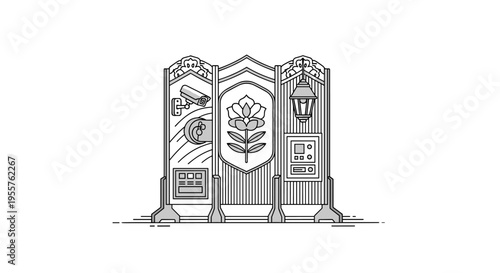 Modern security and surveillance booth with floral emblem and vintage lamp