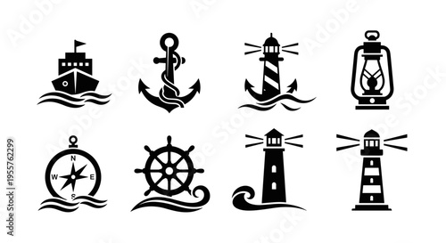 Nautical icons set: ship, anchor, lighthouse, compass, ship wheel, and lantern