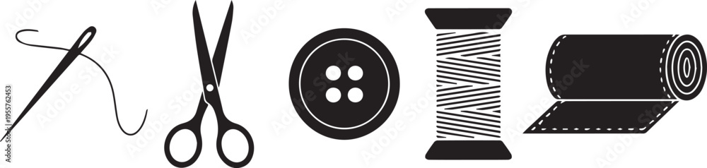 Obraz premium Sewing and tailoring icon set featuring needle with thread, spool, button, scissors and fabric roll, garment manufacturing symbols isolated on white background vector