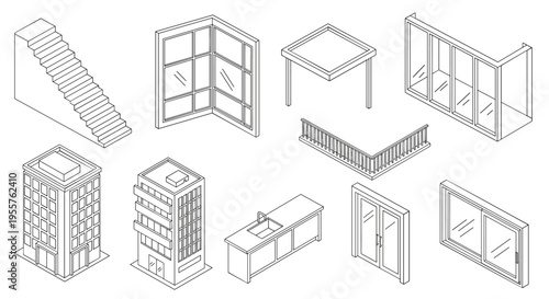 Isometric architectural elements and building components in a clean line art style