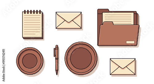Flat design illustration of office supplies including a notepad, envelopes, pen, and folder