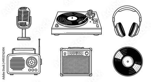 Retro audio equipment icons: microphone, turntable, headphones, radio, amplifier, and vinyl record