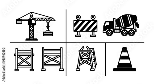 Set of construction icons including crane, cement mixer, barrier, and traffic cone