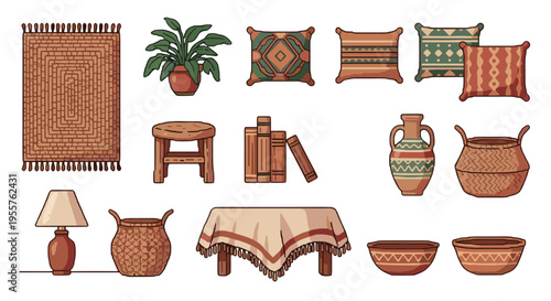 Cozy bohemian home decor elements arranged in a flat lay style