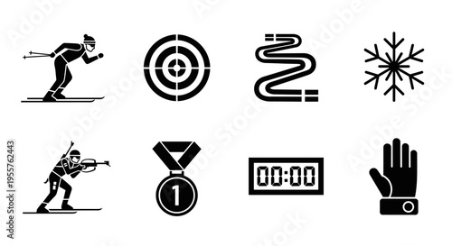 Biathlon sport icons collection: skier, rifle, target, medal, clock, snowflake, and more
