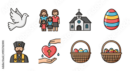 Collection of Easter and Christian religious icons including a dove, family, church, and eggs