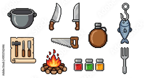Pixel art survival kit icons for crafting and cooking in games