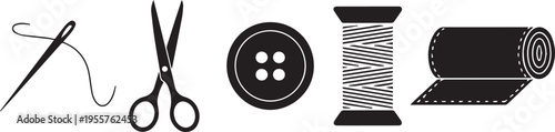 Sewing and tailoring icon set featuring needle with thread, spool, button, scissors and fabric roll, garment manufacturing symbols isolated on white background vector