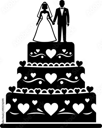 wedding cake with couple topper silhouette on transparent background for web and graphic design
